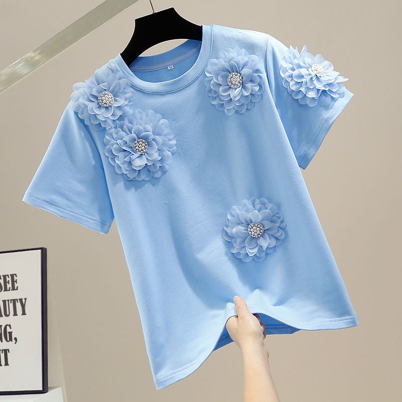 Spot Heavy Industry Beading Sweet Stereo Flower Decoration Pullover Short-Sleeved T-Shirt for Women Loose and Versatile Fashionable Top - Image 2