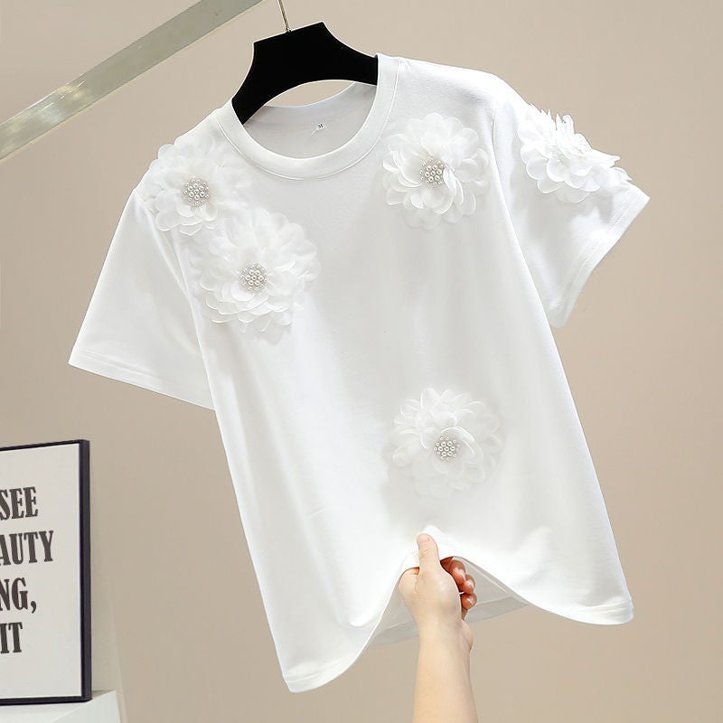 Spot Heavy Industry Beading Sweet Stereo Flower Decoration Pullover Short-Sleeved T-Shirt for Women Loose and Versatile Fashionable Top - Image 3