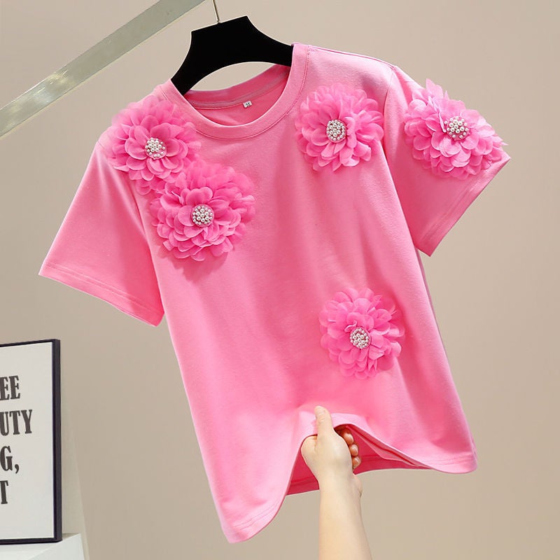 Spot Heavy Industry Beading Sweet Stereo Flower Decoration Pullover Short-Sleeved T-Shirt for Women Loose and Versatile Fashionable Top - Image 1