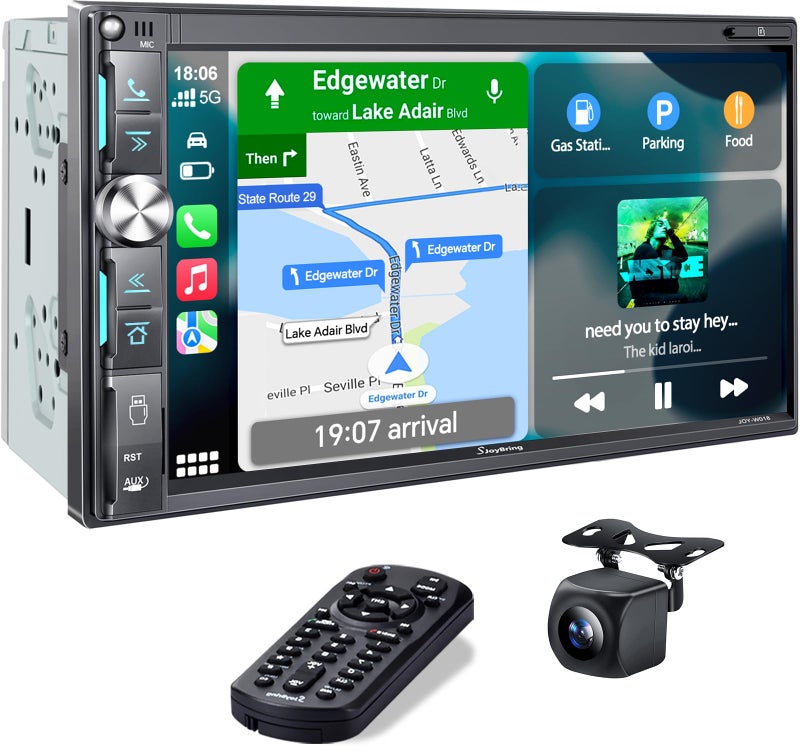 SJoyBring 7" Double Din Car Stereo with Wireless Apple CarPlay & Android Auto, QLED Touchscreen, Bluetooth, Backup Camera, 4.2-CHN Audio, 2 Subwoofer Outputs, AM/FM Car Radio - Image 1