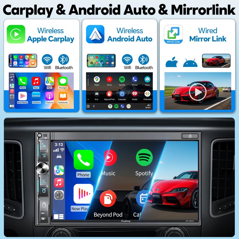 SJoyBring 7" Double Din Car Stereo with Wireless Apple CarPlay & Android Auto, QLED Touchscreen, Bluetooth, Backup Camera, 4.2-CHN Audio, 2 Subwoofer Outputs, AM/FM Car Radio - Image 2