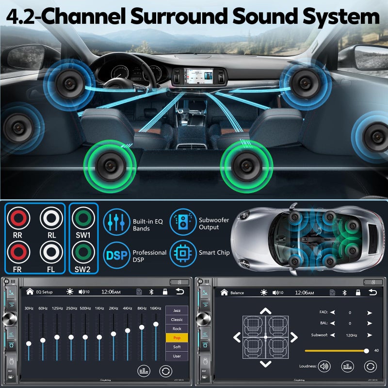 SJoyBring 7" Double Din Car Stereo with Wireless Apple CarPlay & Android Auto, QLED Touchscreen, Bluetooth, Backup Camera, 4.2-CHN Audio, 2 Subwoofer Outputs, AM/FM Car Radio - Image 3