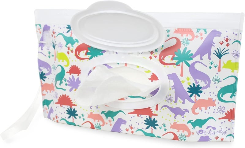 Itzy Ritzy Reusable Wipe Pouch – Take & Travel Pouch Holds Up to 30 Wet Wipes; Includes Silicone Wristlet Strap; Darling Dinosaurs - Image 3