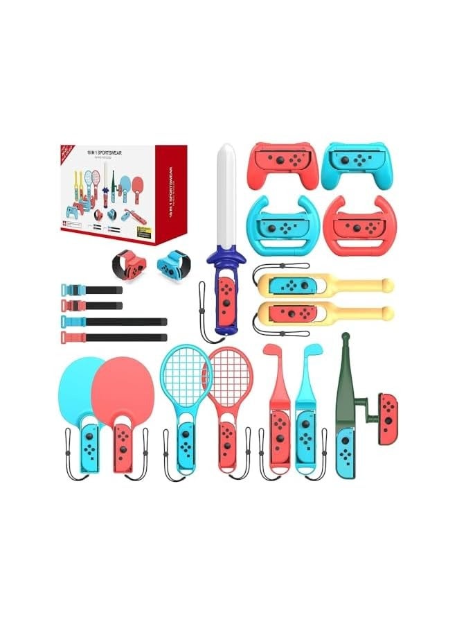 PROMASS 18 in 1 Switch Sports Accessories Bundle, Switch Sports Games Accessories Kit with Switch Tennis Rackets, Golf Clubs, Swords, Wrist and Leg Strap for Switch/Switch OLED - Image 1