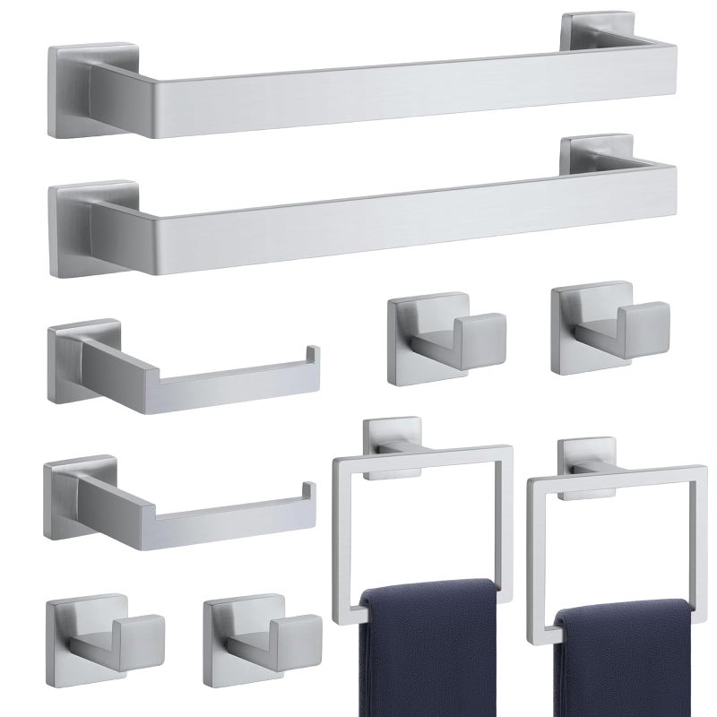 Bathroom Accessories Towel Bar Set 10 Pieces Brushed Nickel Square Bathroom Hardware SUS304 Stainless Steel  Wall Mounted Towel RackToilet Paper HolderTowel Ring and Towel Hook