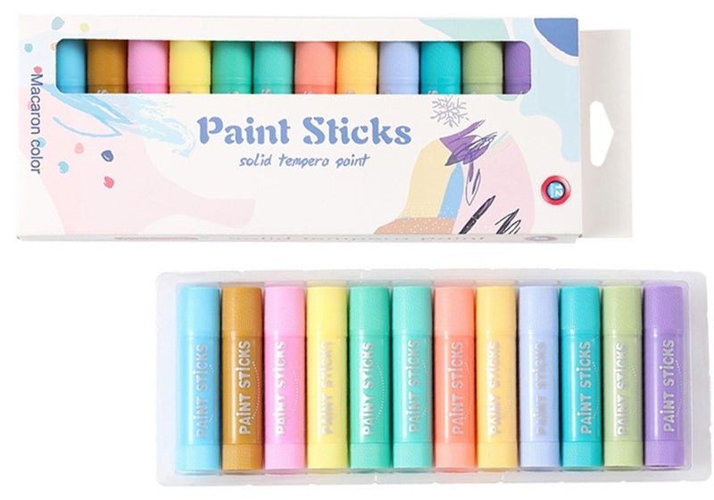 Meidu Pastel Paint Sticks for Kids, 12 Macaron Colors Washable Solid Tempera by MeiduGaga - Quick Dry & Non-Toxic - Image 1