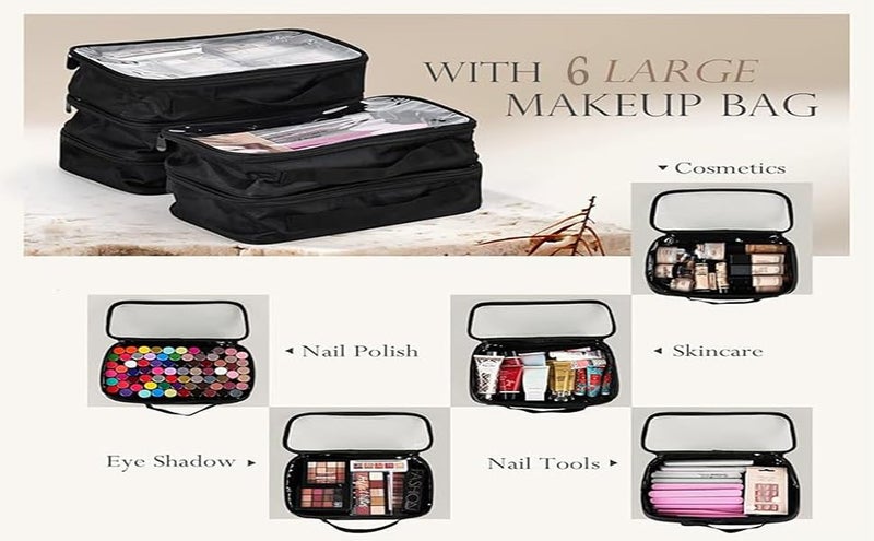 Qtavia Leather Rolling Makeup Train Case, Professional Makeup Case, Travel Cosmetic Organizer Make Up Storage Bag for Makeup Artist, Hairstylist, Barbers, with 5 Toiletry Bags, Black - Image 5