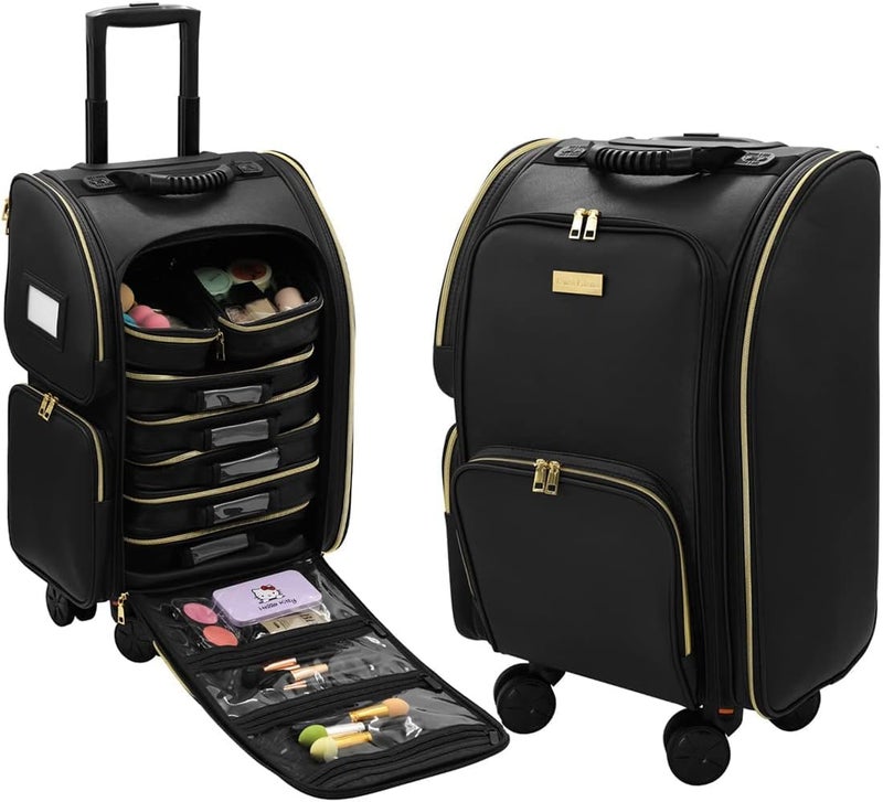 Qtavia Leather Rolling Makeup Train Case, Professional Makeup Case, Travel Cosmetic Organizer Make Up Storage Bag for Makeup Artist, Hairstylist, Barbers, with 5 Toiletry Bags, Black - Image 4