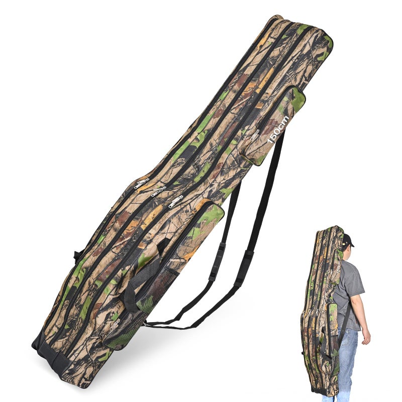 LEOFISHING Portable 3 Layers Fishing Pole Bag Durable Oxford Folding Fishing Rod Reel Carry Case Tackle Storage Bag Case Waterproof Camouflage Travel Fishing Carrier Yellow Camouflage 150cm59in - Image 2