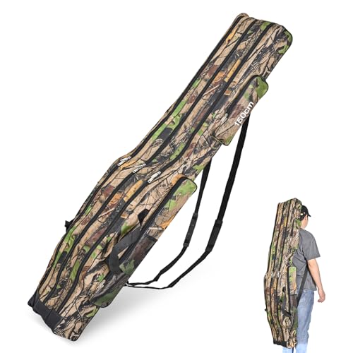LEOFISHING Portable 3 Layers Fishing Pole Bag Durable Oxford Folding Fishing Rod Reel Carry Case Tackle Storage Bag Case Waterproof Camouflage Travel Fishing Carrier Yellow Camouflage 150cm59in - Image 1