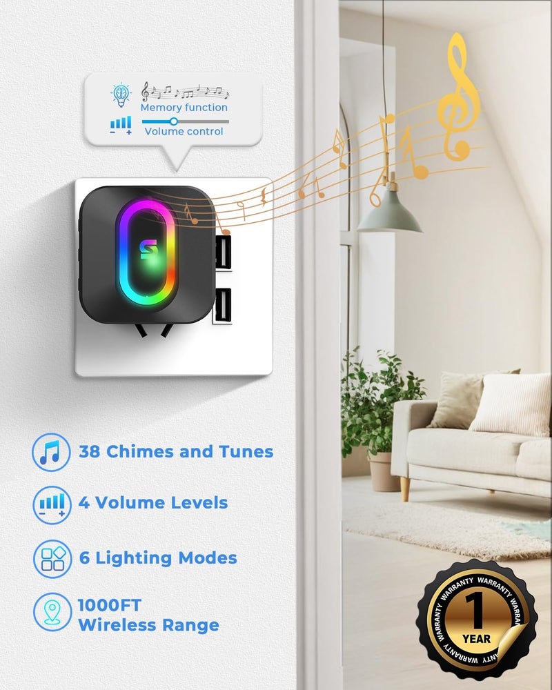 Spromoce Wireless Doorbell for Home, 1000FT Long Range Door Bell without Wire for Office, IP55 Waterproof Cordless Remote Calling Bell with 6 Vibrant Light Modes, 38 Ringtone - Image 2