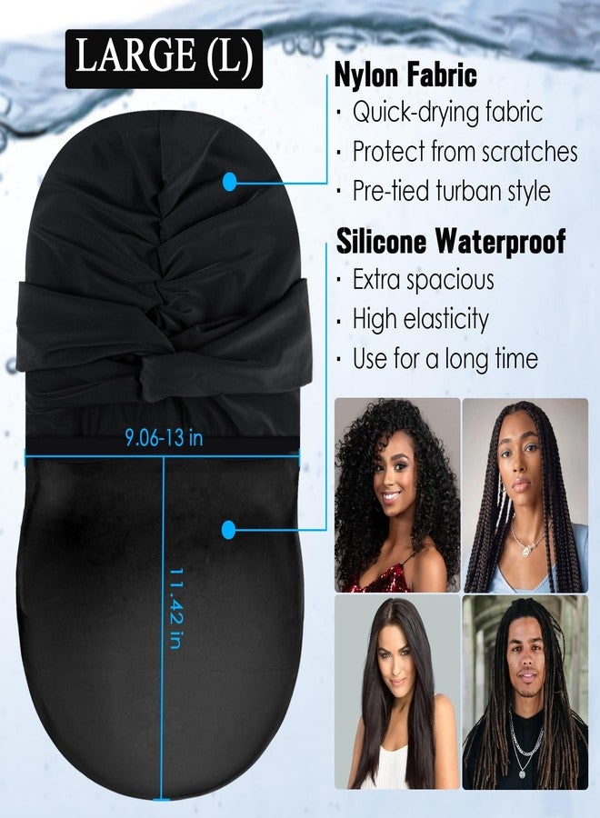 Ababalaya Swim Turban Waterproof Silicone Lined Swim Cap for Braids and Dreadlocks Long Hair Swim Caps for Women Youth - Large Swim Caps, Large, Black - Image 4