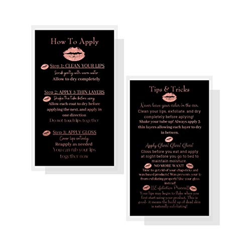 Boutique Marketing LLC How To Apply LipStick/Tips and Tricks Cards | 50 Pack | Double Sided 2x3.5" inches Business Cards | Application Instruction Card Black with Rose Gold Glitter Design - Image 2