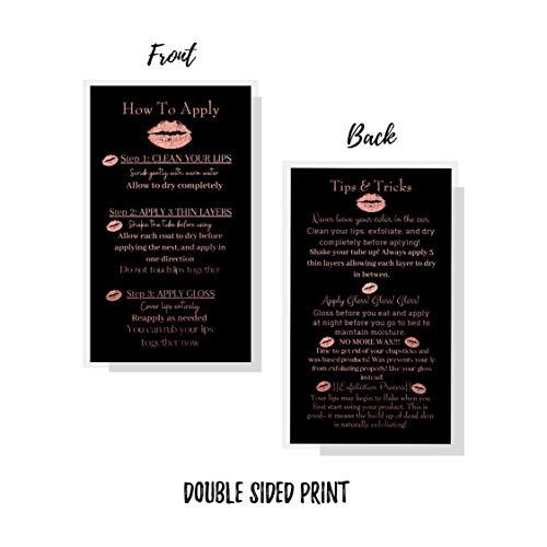Boutique Marketing LLC How To Apply LipStick/Tips and Tricks Cards | 50 Pack | Double Sided 2x3.5" inches Business Cards | Application Instruction Card Black with Rose Gold Glitter Design - Image 4