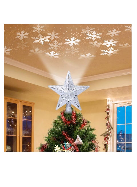 Christmas Tree Topper Lighted Star [Silver],3D Hollow Sparkling Star Christmas Tree Topper with Rotating Magic Cool White Snowflake Projector for Christmas Tree Ornament (Silver)