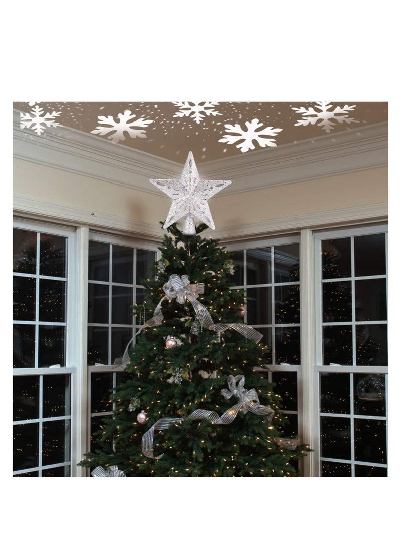 Christmas Tree Topper Lighted Star [Silver],3D Hollow Sparkling Star Christmas Tree Topper with Rotating Magic Cool White Snowflake Projector for Christmas Tree Ornament (Silver)