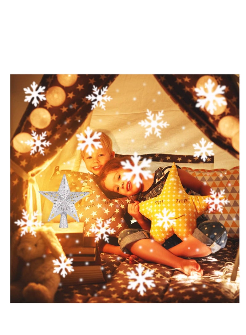Christmas Tree Topper Lighted Star [Silver],3D Hollow Sparkling Star Christmas Tree Topper with Rotating Magic Cool White Snowflake Projector for Christmas Tree Ornament (Silver)
