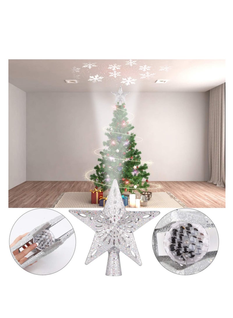 Christmas Tree Topper Lighted Star [Silver],3D Hollow Sparkling Star Christmas Tree Topper with Rotating Magic Cool White Snowflake Projector for Christmas Tree Ornament (Silver)