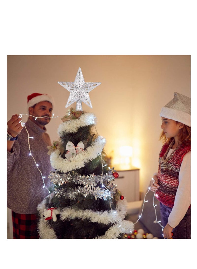 Christmas Tree Topper Lighted Star [Silver],3D Hollow Sparkling Star Christmas Tree Topper with Rotating Magic Cool White Snowflake Projector for Christmas Tree Ornament (Silver)