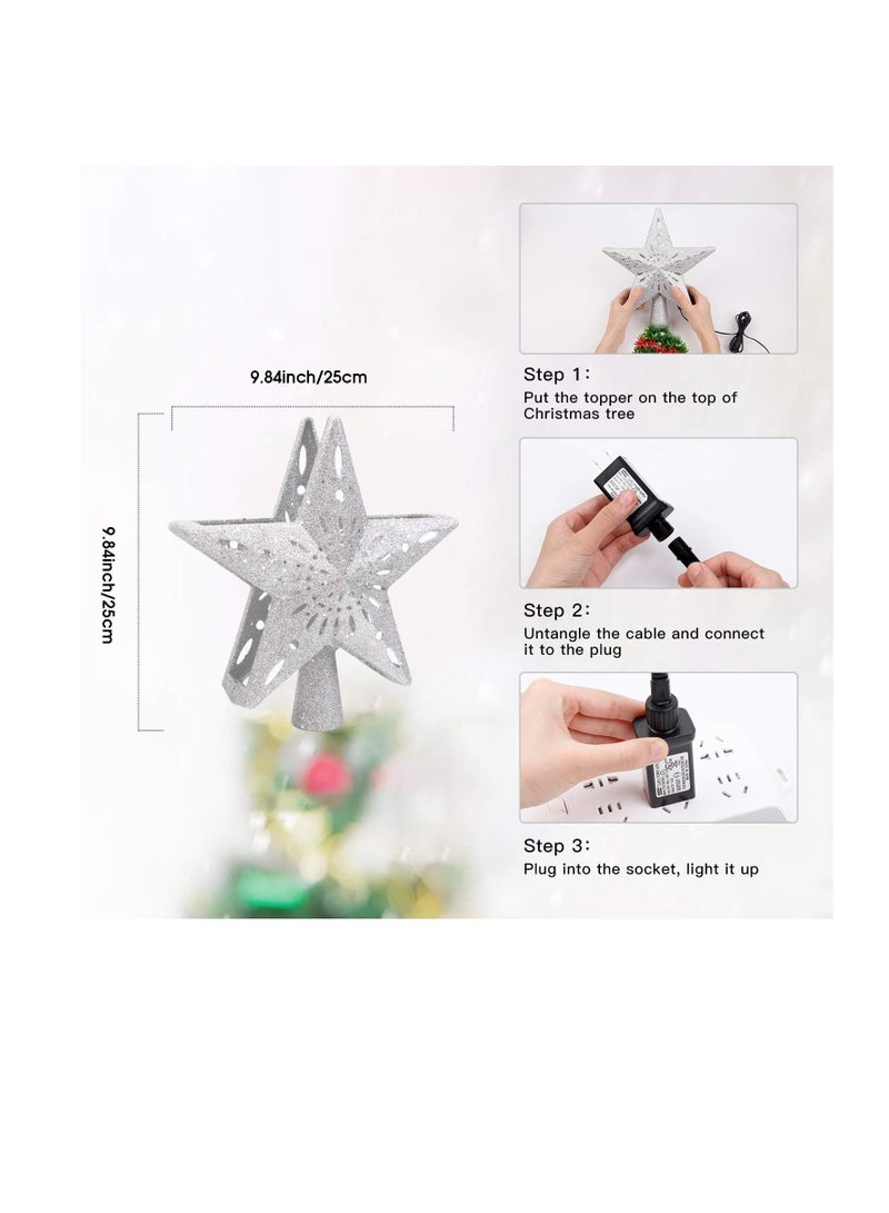 Christmas Tree Topper Lighted Star [Silver],3D Hollow Sparkling Star Christmas Tree Topper with Rotating Magic Cool White Snowflake Projector for Christmas Tree Ornament (Silver)