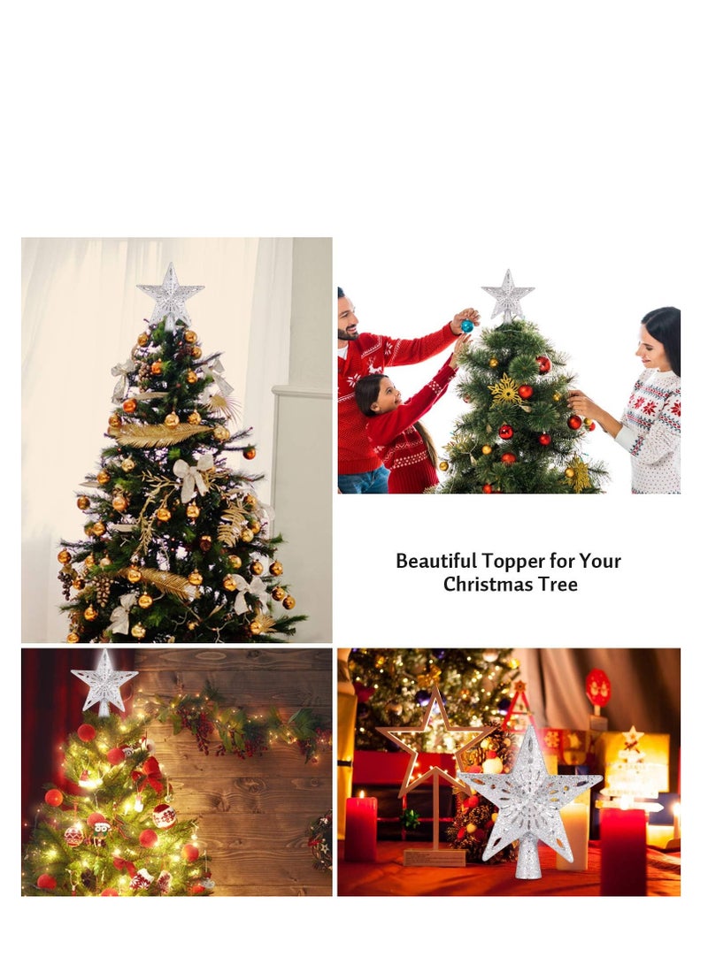 Christmas Tree Topper Lighted Star [Silver],3D Hollow Sparkling Star Christmas Tree Topper with Rotating Magic Cool White Snowflake Projector for Christmas Tree Ornament (Silver)