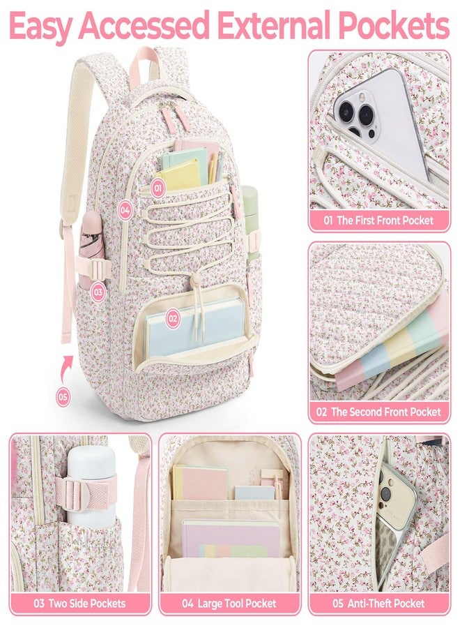 WOBAGMEN Backpack for Women,Cute Quilted Backpack with Multi-Pocket, Lightweight Anti Theft Bookbag Fits 15.6" Laptop,Aesthetic Large Capacity Casual Daypacks for travel(Pink Floral, M) - Image 5