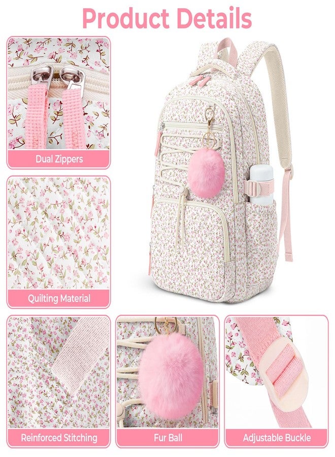 WOBAGMEN Backpack for Women,Cute Quilted Backpack with Multi-Pocket, Lightweight Anti Theft Bookbag Fits 15.6" Laptop,Aesthetic Large Capacity Casual Daypacks for travel(Pink Floral, M) - Image 3