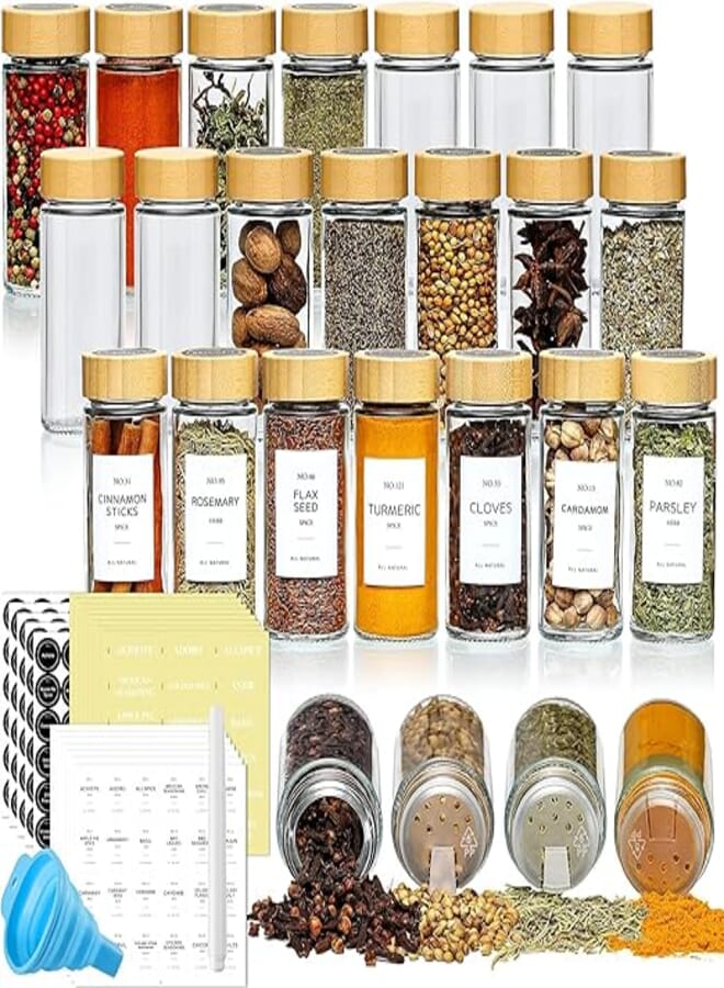 ALMEKAQUZ Round Glass Seasoning Jar， Spice Jars With Label, Glass Spice Jars with Bamboo Lids,Spices Container Set with 24 packs plus brush funnel stickers (24 piece set)