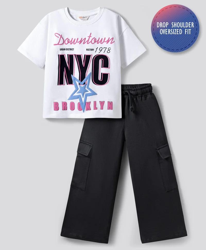 Primo Gino Primo Gino 100% Cotton French Terry Half Sleeve Oversized T-Shirt and Pants Set with Text Print and Embroidery - Black & White