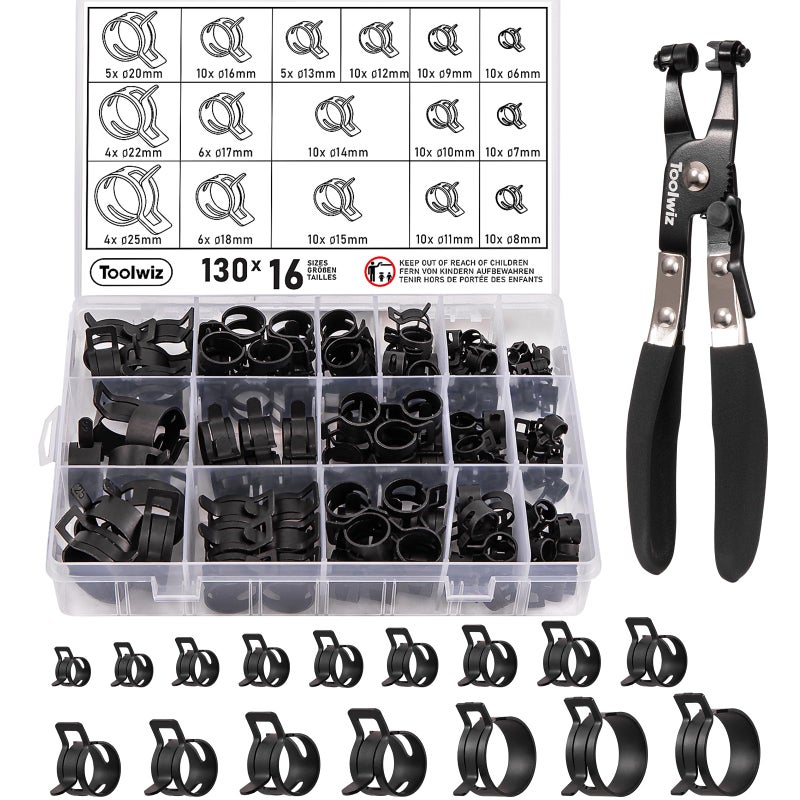 Toolwiz 130Pcs 625mm Spring Band Hose Clamp Assortment with Swivel Clamp Pliers Constant Tension Radiator Hose Clamps Black Hose Clips for Fuel Line Silicone Vacuum Hose Air Tube Water Pipe - Image 2