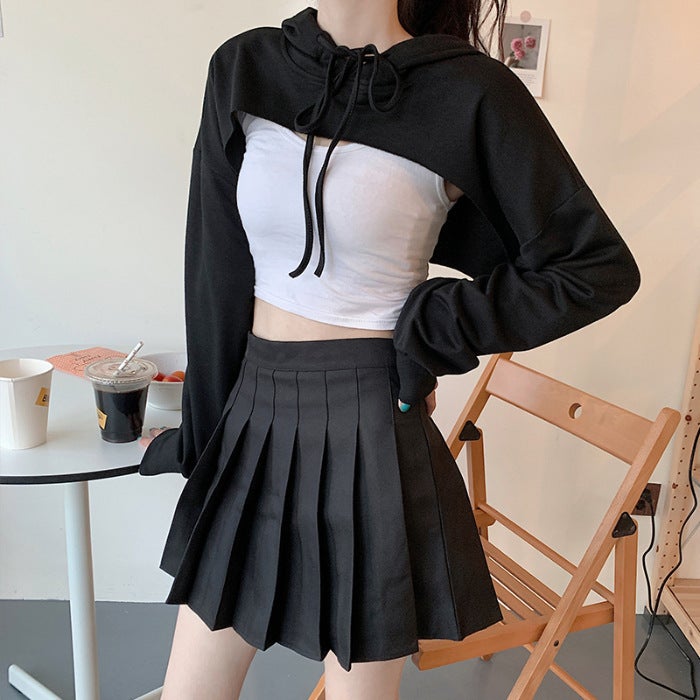 Sweatshirt Womens Hooded 2022 Early Autumn New Trendy Ins Distinctive Irregular Navel Extra Short Long Sleeve Top for Students Black