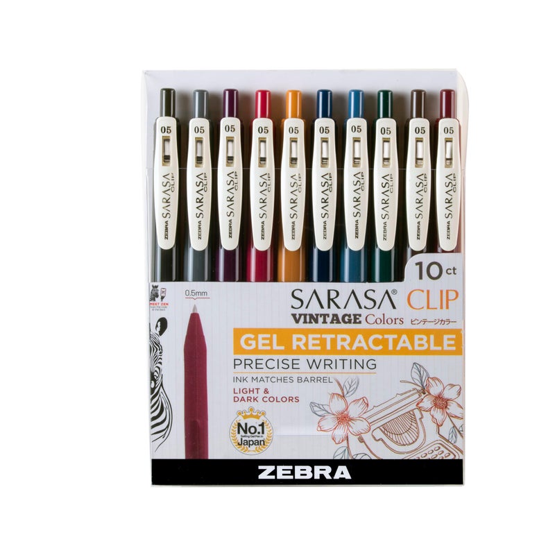 Zebra Pen قلم جيل زيبرا بن ساراسا كليب قابل للسحب، 0.5 مم نقطة رفيعة، ألوان حبر عتيقة متنوعة فاتحة وداكنة، قائم على الماء، مثالي للمكتب والمدرسة، المذكرات، تدوين الملاحظات واستخدام المخطط، 10-pack (47510) - Image 1