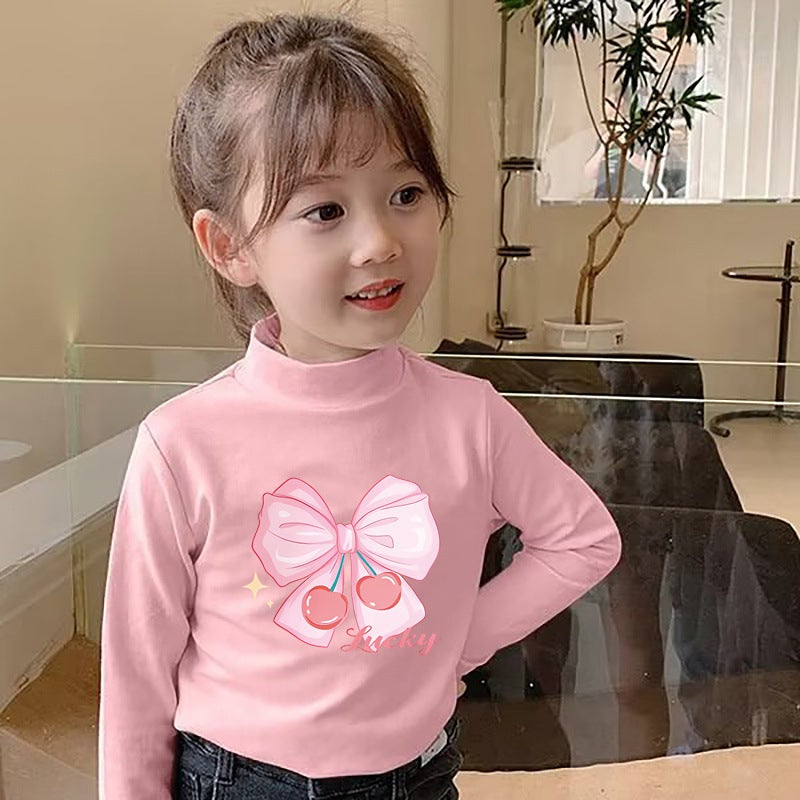 Y2007# Girls' Long Sleeve T-Shirt Top Base Shirt De Velvet Semi-High Collar Children'S Boys' Autumn Warm T-Shirt - Image 2