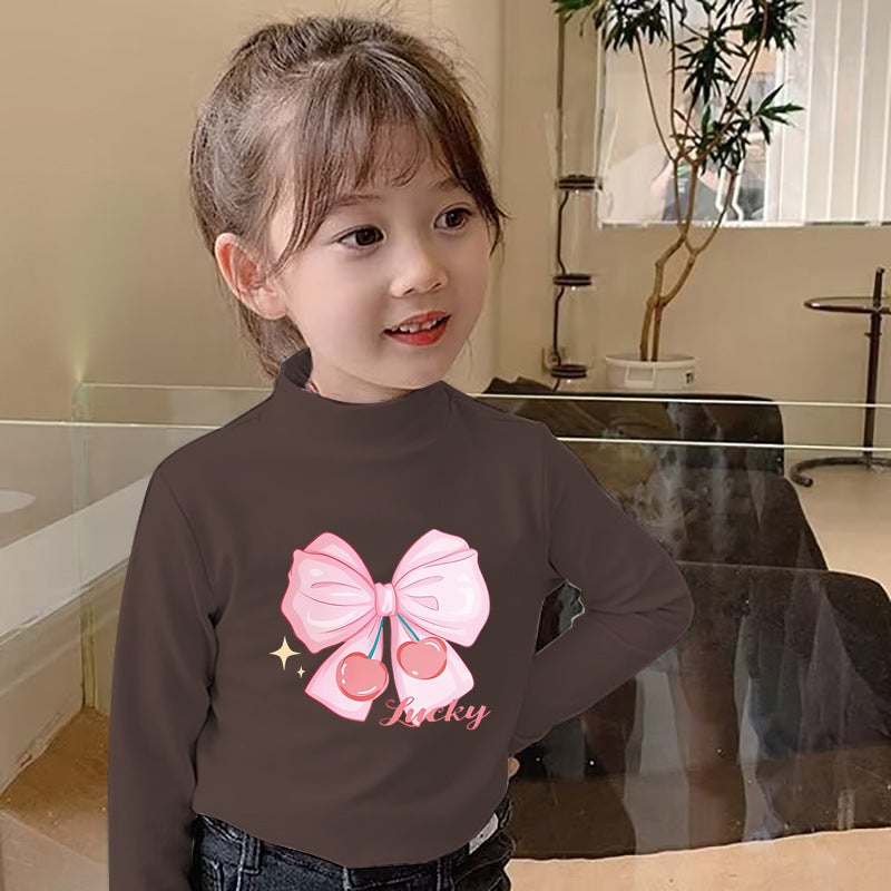 Y2007# Girls' Long Sleeve T-Shirt Top Base Shirt De Velvet Semi-High Collar Children'S Boys' Autumn Warm T-Shirt - Image 1