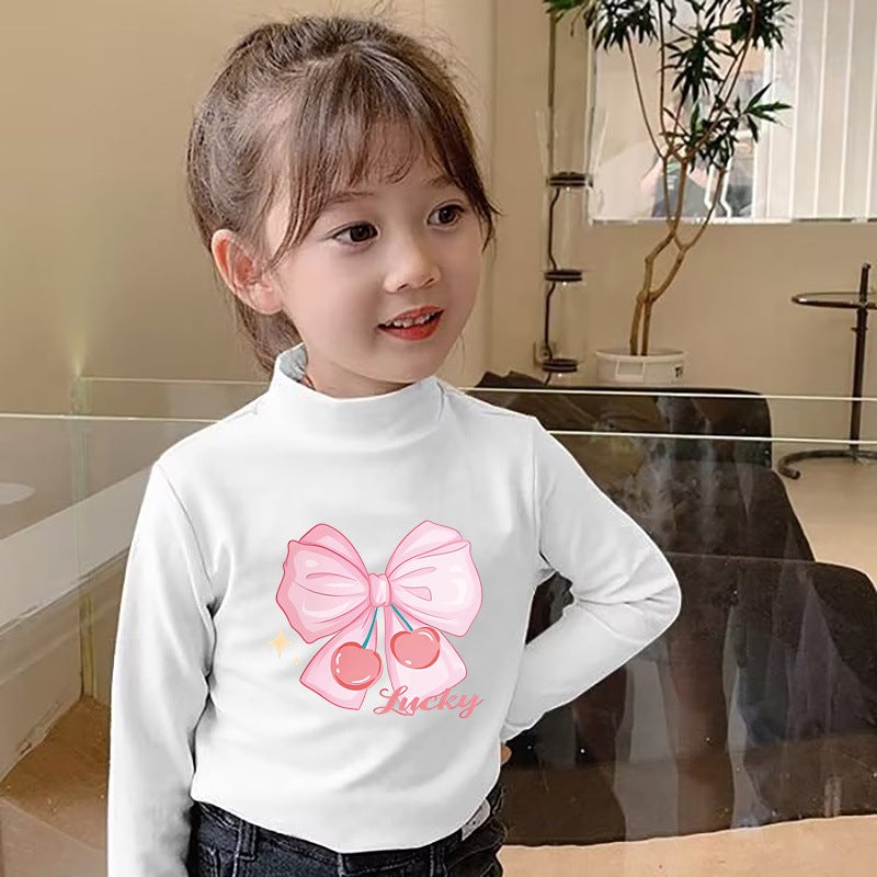 Y2007# Girls' Long Sleeve T-Shirt Top Base Shirt De Velvet Semi-High Collar Children'S Boys' Autumn Warm T-Shirt - Image 3