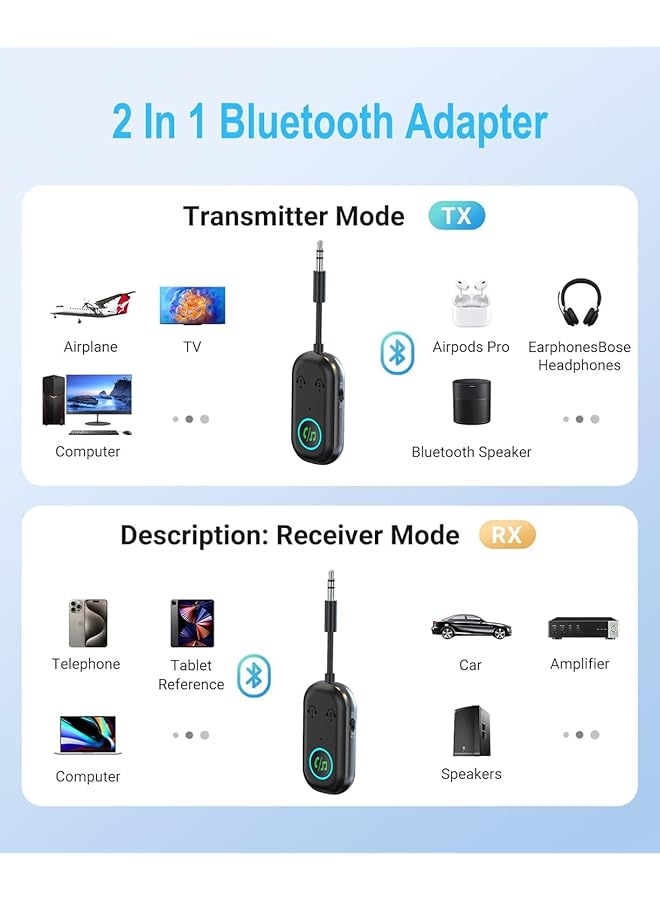NALACAL جهاز إرسال واستقبال بلوتوث 5.3، محول بلوتوث 2 في 1 للطائرات، جهاز إرسال بلوتوث لسماعات الرأس، التلفزيون، ستيريو المنزل، مكبرات الصوت، السيارة، اتصال بلوتوث مزدوج - Image 4