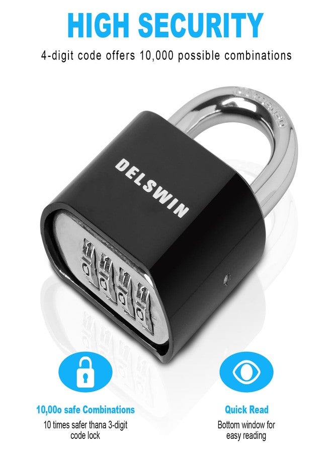 DELSWIN 4-Digit Combination Lock Outdoor Padlock - Heavy Duty Locker Lock with Hardened Steel Shackle, Waterproof Combo Lock for Gym Locker, Hasp Storage, Shed, Fence, Gate (Black,1Pcs) - Image 3