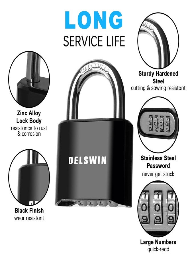 DELSWIN 4-Digit Combination Lock Outdoor Padlock - Heavy Duty Locker Lock with Hardened Steel Shackle, Waterproof Combo Lock for Gym Locker, Hasp Storage, Shed, Fence, Gate (Black,1Pcs) - Image 4