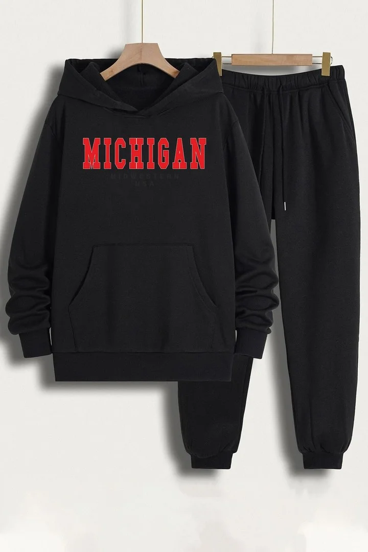 ONLYTRENDWEAR Unisex Michigan Printed Tracksuit Set L. Black