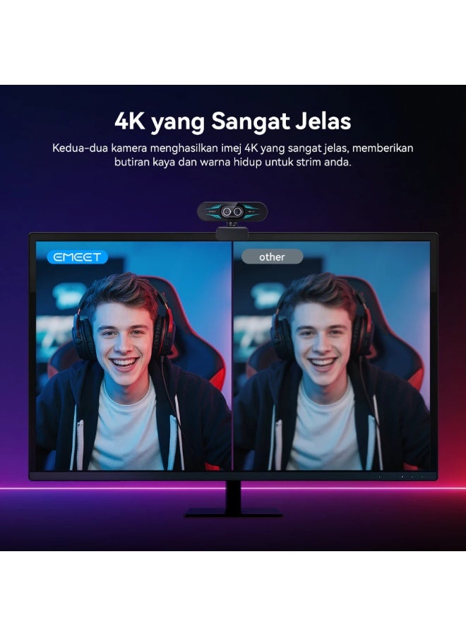 إي ميت كاميرا ويب EMEET C60E بدقة 4K للبث المباشر والألعاب مع تركيز تلقائي PDAF وميكروفون مزدوج وتصحيح تلقائي للإضاءة وتحكم عن بُعد لأجهزة PC وMac - Image 2