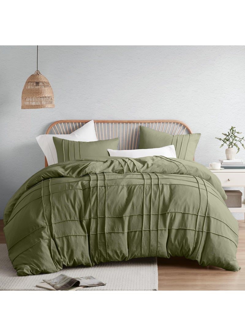 Comfort Spaces Comfort Spaces Olive Green Cal King Size Duvet Cover Set - 3-pc Pintuck Pleated Duvet Cover  All Season Lightweight  Extra Softness Pre-Washed Microfiber Bed Shams  - Image 1
