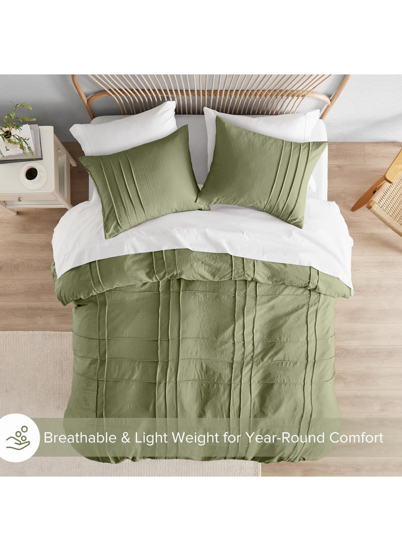 Comfort Spaces Comfort Spaces Olive Green Cal King Size Duvet Cover Set - 3-pc Pintuck Pleated Duvet Cover  All Season Lightweight  Extra Softness Pre-Washed Microfiber Bed Shams  - Image 4