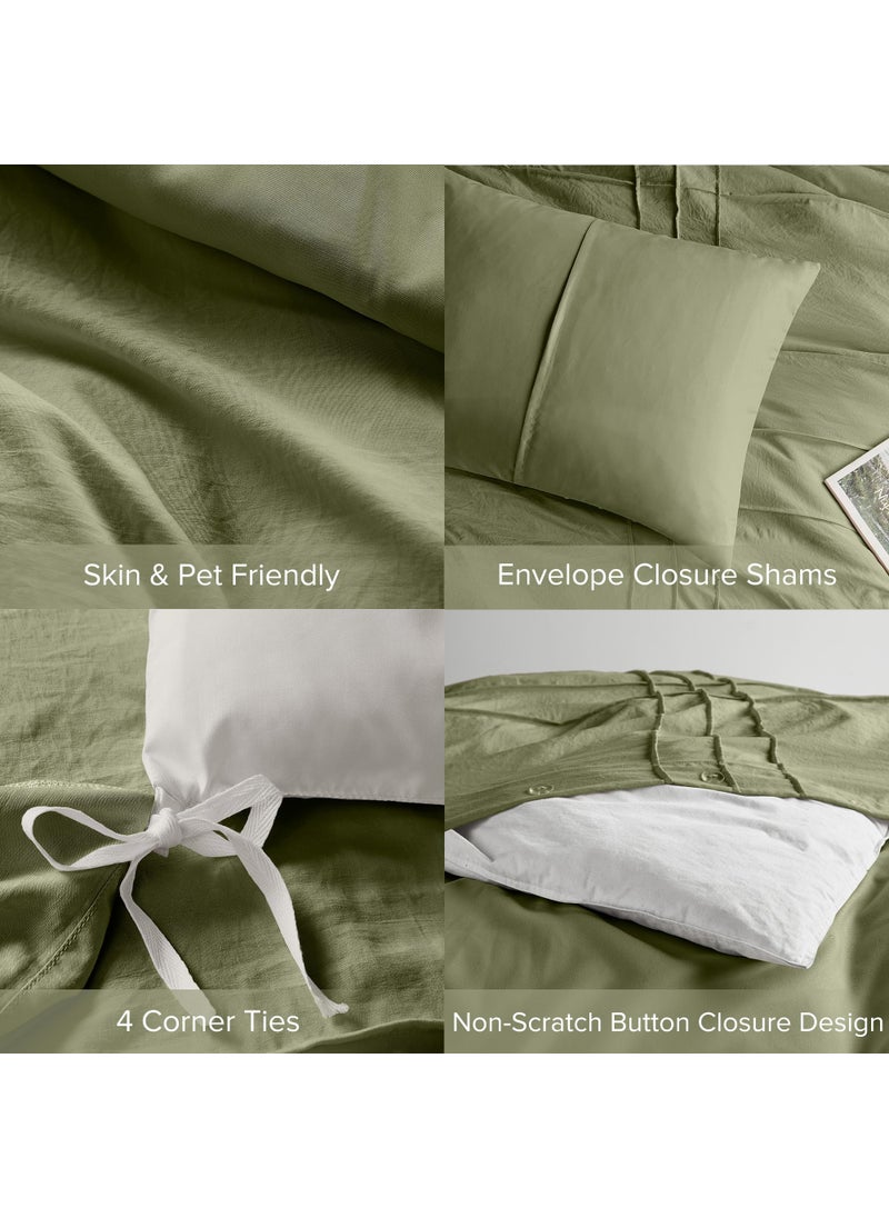 Comfort Spaces Comfort Spaces Olive Green Cal King Size Duvet Cover Set - 3-pc Pintuck Pleated Duvet Cover  All Season Lightweight  Extra Softness Pre-Washed Microfiber Bed Shams  - Image 5