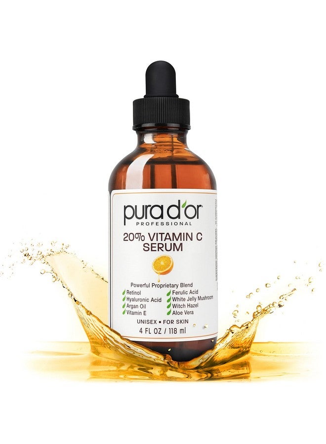 PURA D'OR 20% Vitamin C Serum 4 Oz - Lightweight Maximum Strength Formula - Retinol, Hyaluronic Acid, Ferulic Acid - Professional Grade Treatment For Face & Eyes, Wrinkles - Men & Women - Image 1