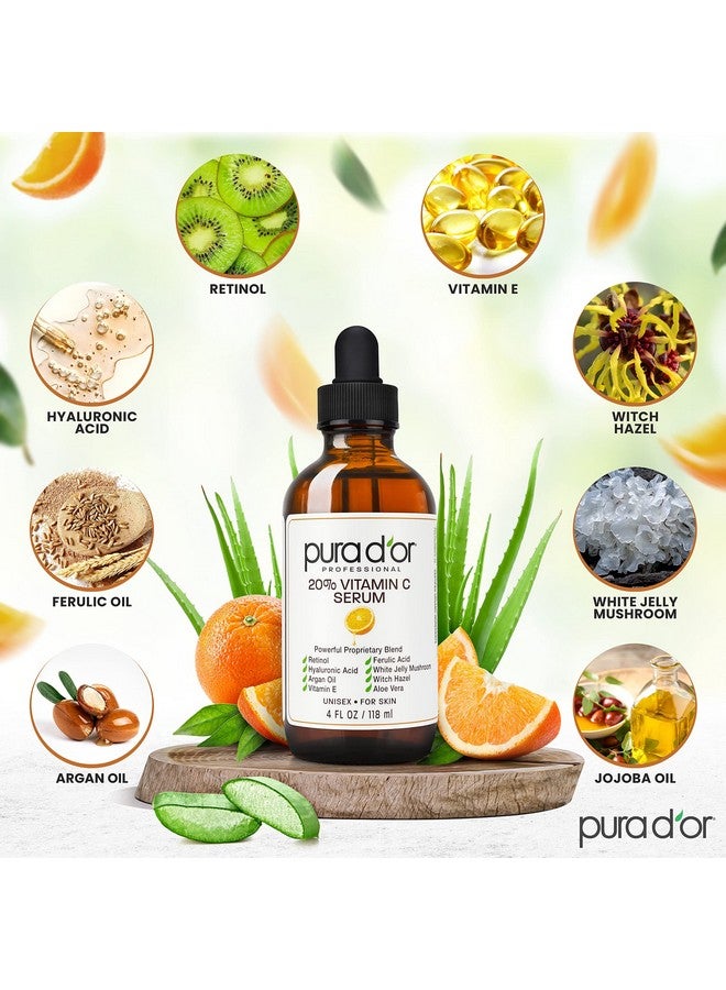 PURA D'OR 20% Vitamin C Serum 4 Oz - Lightweight Maximum Strength Formula - Retinol, Hyaluronic Acid, Ferulic Acid - Professional Grade Treatment For Face & Eyes, Wrinkles - Men & Women - Image 3