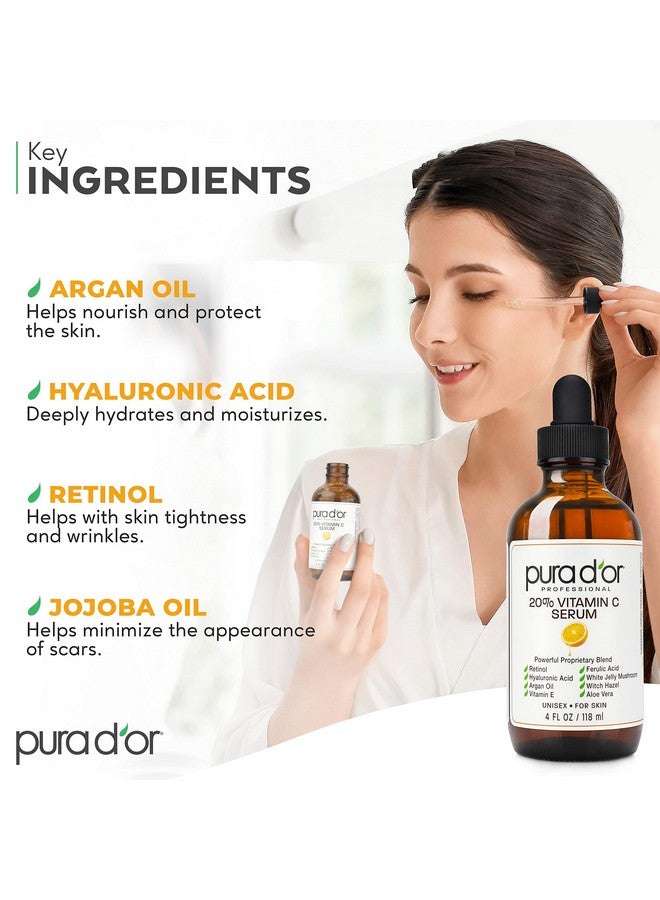 PURA D'OR 20% Vitamin C Serum 4 Oz - Lightweight Maximum Strength Formula - Retinol, Hyaluronic Acid, Ferulic Acid - Professional Grade Treatment For Face & Eyes, Wrinkles - Men & Women - Image 4