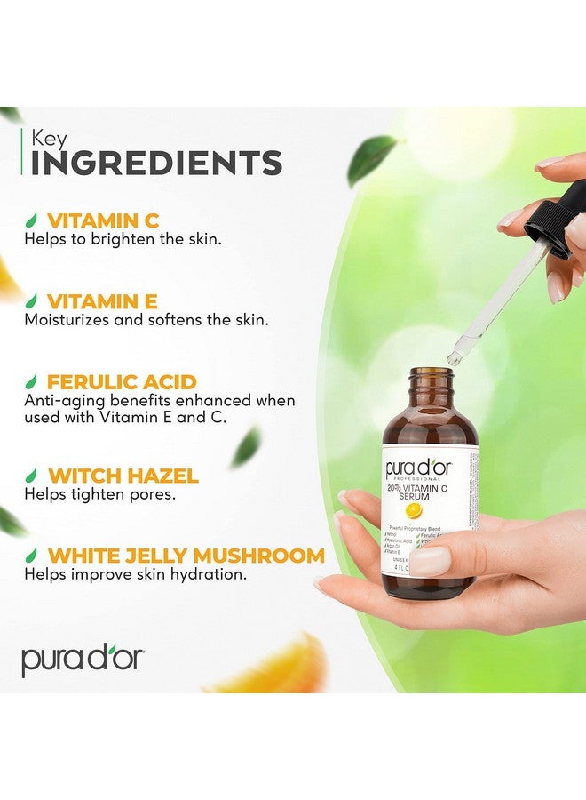 PURA D'OR 20% Vitamin C Serum 4 Oz - Lightweight Maximum Strength Formula - Retinol, Hyaluronic Acid, Ferulic Acid - Professional Grade Treatment For Face & Eyes, Wrinkles - Men & Women - Image 5