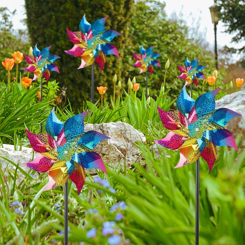 Hausse 10 Pack Reflective Pinwheels Wind Spinner, Extra Sparkly Rainbow Pinwheel with Stakes, Bird Repellent Blinder Devices Deterrent to Scare Birds Away from Yard Patio Farm Garden, Colorful - Image 5