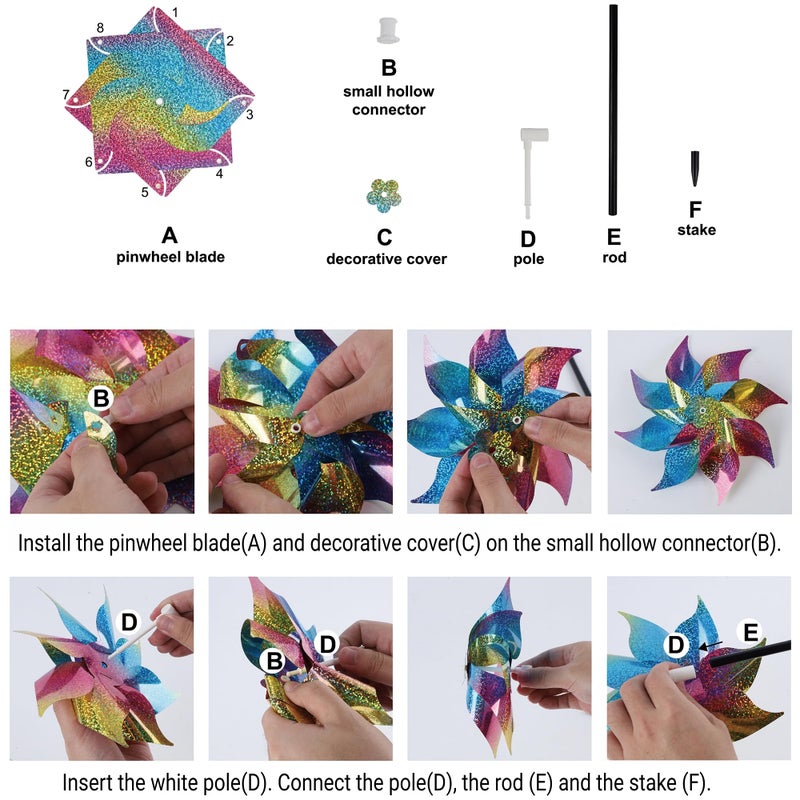 Hausse 10 Pack Reflective Pinwheels Wind Spinner, Extra Sparkly Rainbow Pinwheel with Stakes, Bird Repellent Blinder Devices Deterrent to Scare Birds Away from Yard Patio Farm Garden, Colorful - Image 4