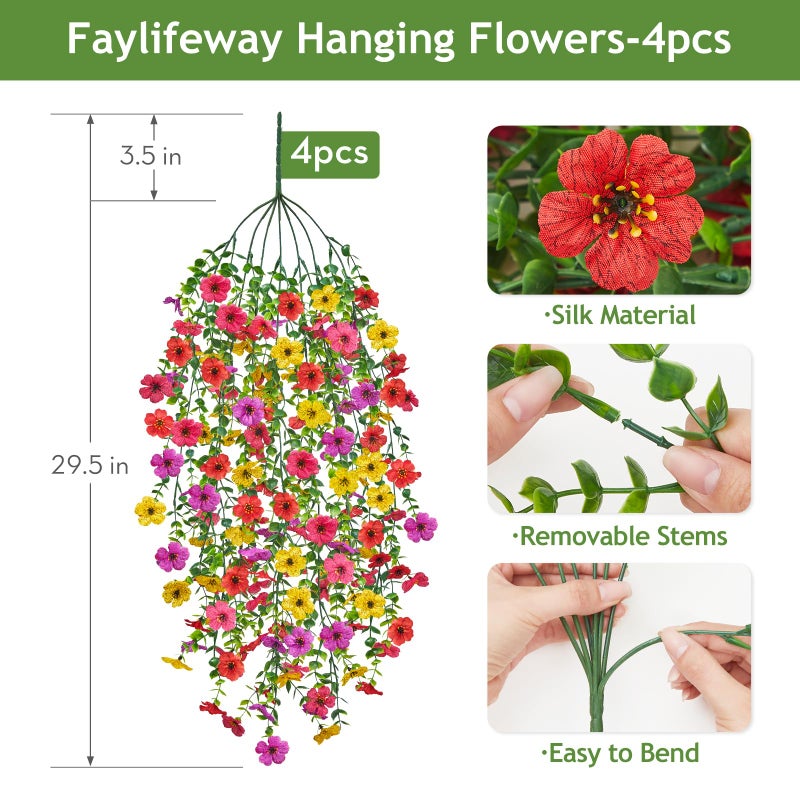 Faylifeway Artificial Hanging Flowers for Outdoors Spring Summer Decoration, 4PCS UV Resistant Silk Fake Hanging Plants for Patio Porch Front Yard Window Garden Indoor Decor(Spring Color,4PCS) - Image 2